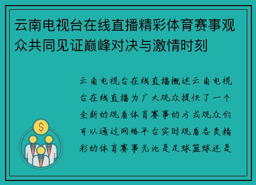 云南电视台在线直播精彩体育赛事观众共同见证巅峰对决与激情时刻